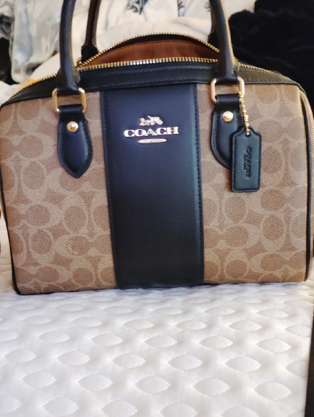 Coach Tan Signature Satchel with Black Leather Center Panel